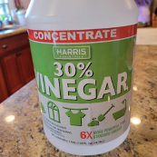A close-up of the label of 30% concentrate vinegar.
