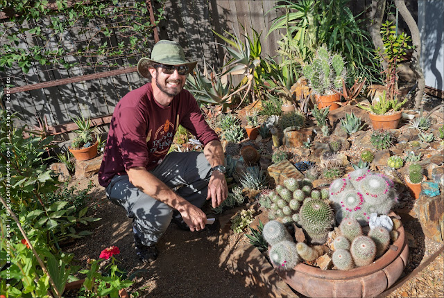Johnson crouching by his cacti collection