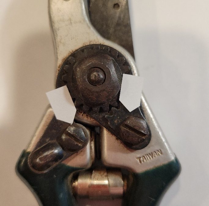 A close-up of a pruner. Arrows point to the two screws.