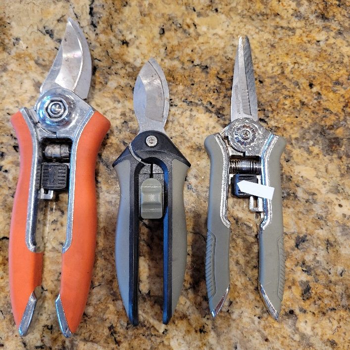 Three pruners on a counter.
